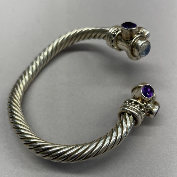 Sterling Silver Moonstone and Amethyst Open Bangle - Picture 3 of 5